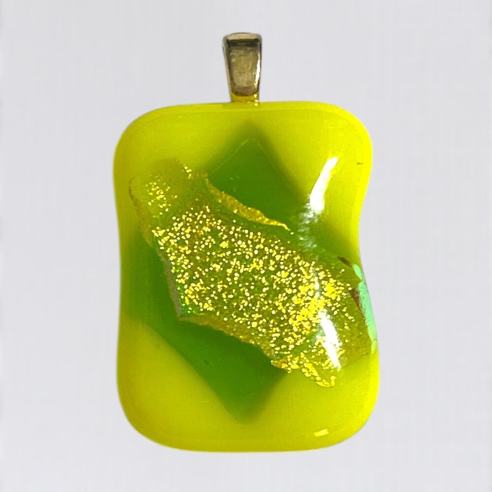 Handmade Dichroic Glass Pendant Green Yellow Iridescent Glitter Gold Tone Art